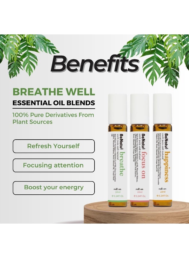 Benatu Essential Oil Blends Set (Breathe, Focus on, Happiness), Natural Aromatherapy Roll On for Massage, Body Skin Care, Home - Revive Fragrance Gift Roller for Women and Men - Image 3